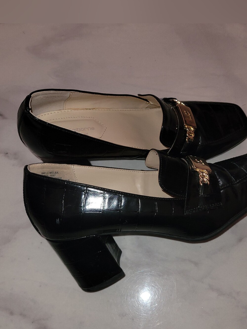 Black Croc-Embossed Leather Block Heel Loafers - Brand: (unspecified)